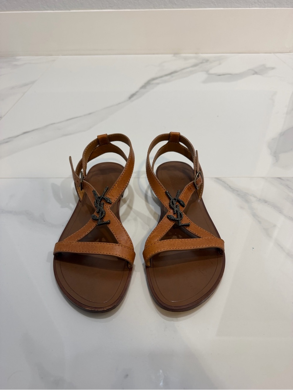 Saint Laurent Brown Leather Logo T-Strap Sandals
